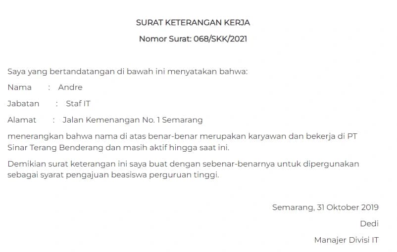 Contoh Surat Keterangan Kerja Karyawan yang Benar