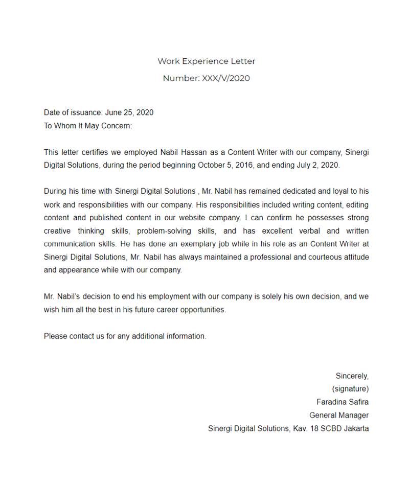 surat pengalaman kerja bahasa inggris