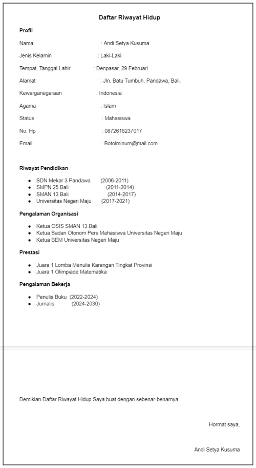 Contoh Daftar Riwayat Hidup