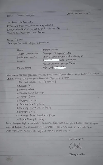 contoh surat lamaran kerja