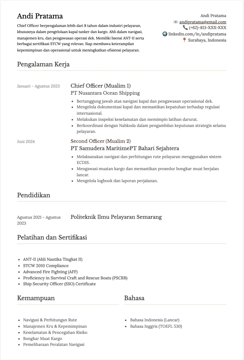 CV Pelaut Bahasa Indonesia