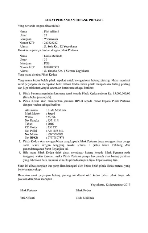 Contoh 3 Surat Perjanjian Hutang Piutang