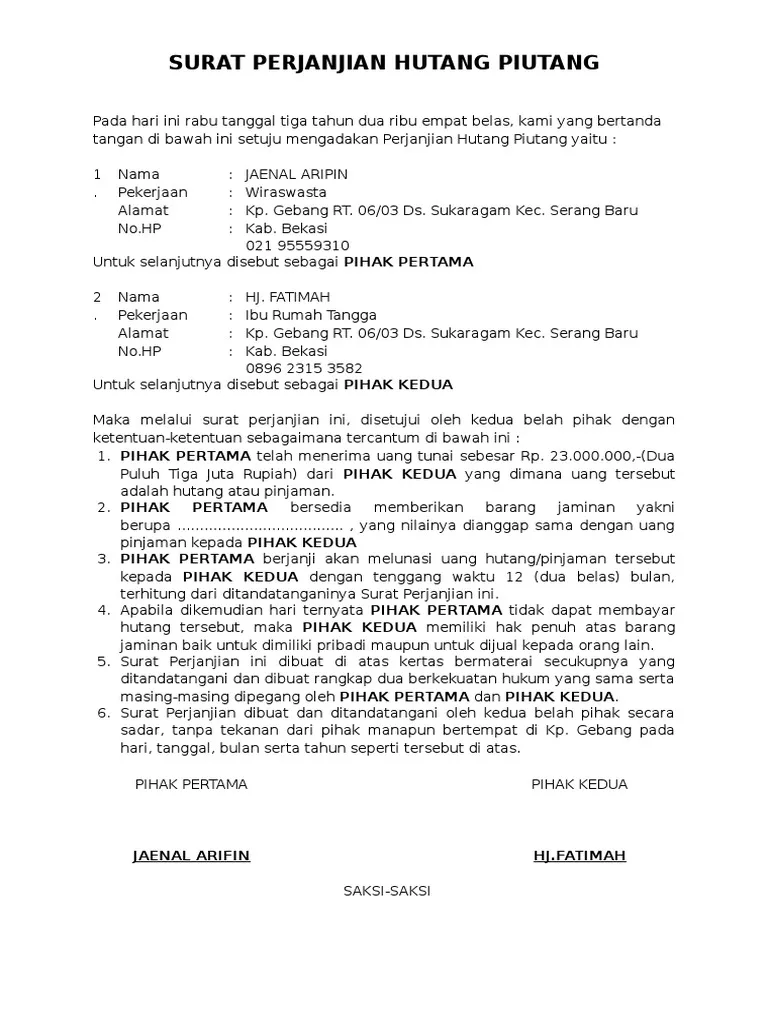 Contoh 4 Contoh Surat Perjanjian Hutang