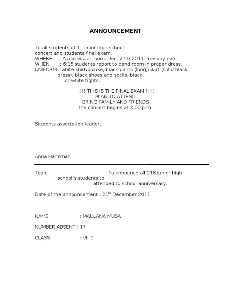 Contoh Announcement Text Bahasa Inggris