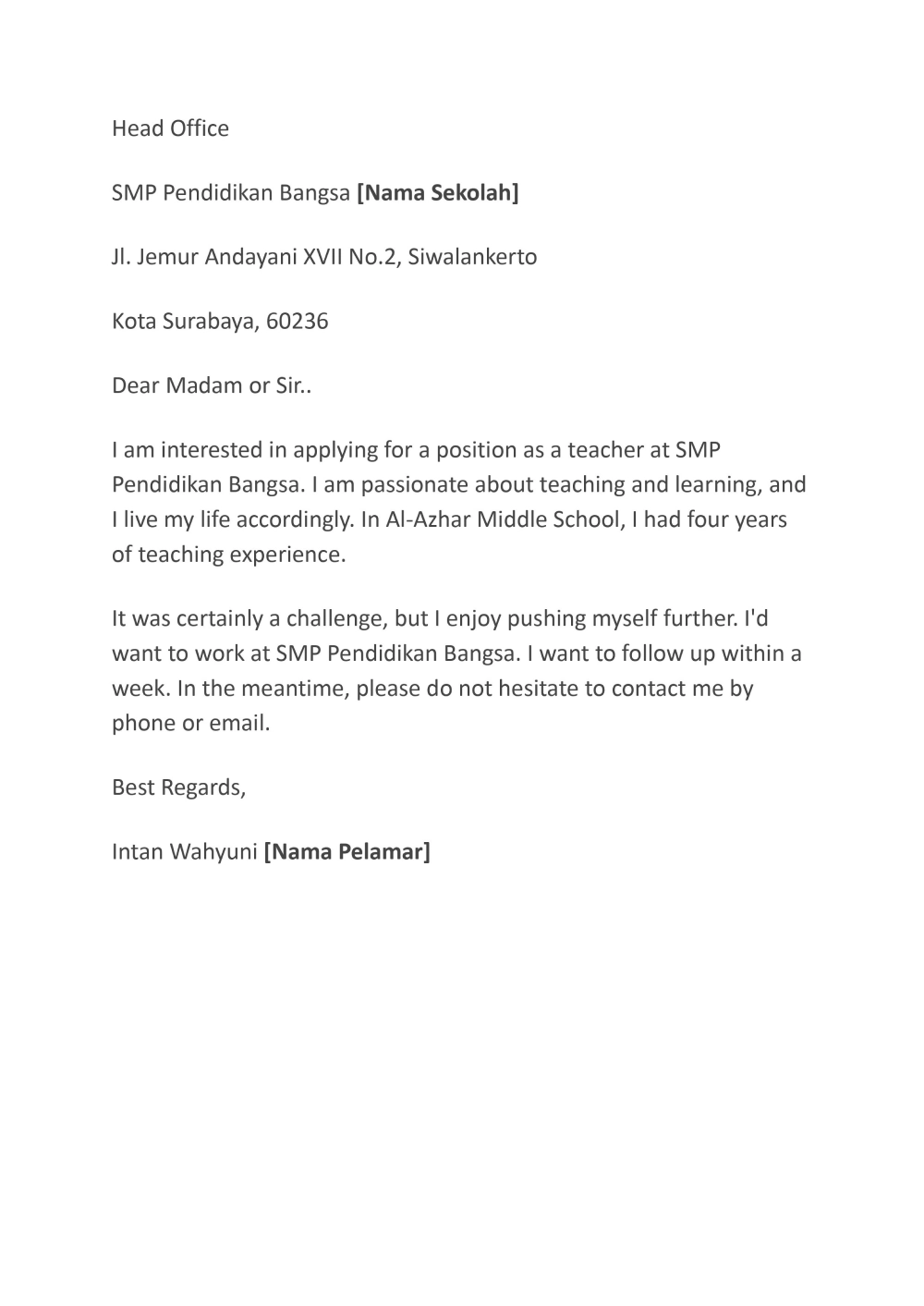 Contoh Application Letter Singkat