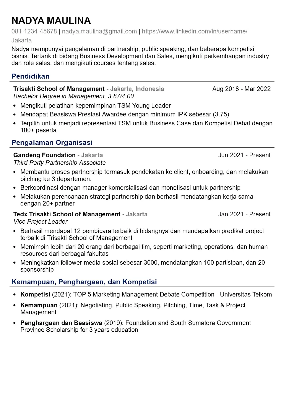Contoh CV ATS Fresh Graduate Tanpa Pengalaman