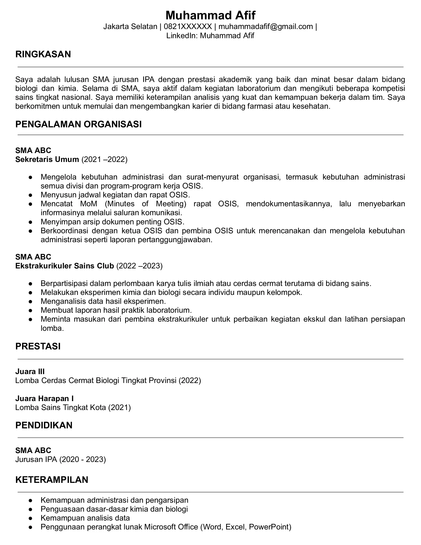 Contoh CV ATS Lulusan SMA
