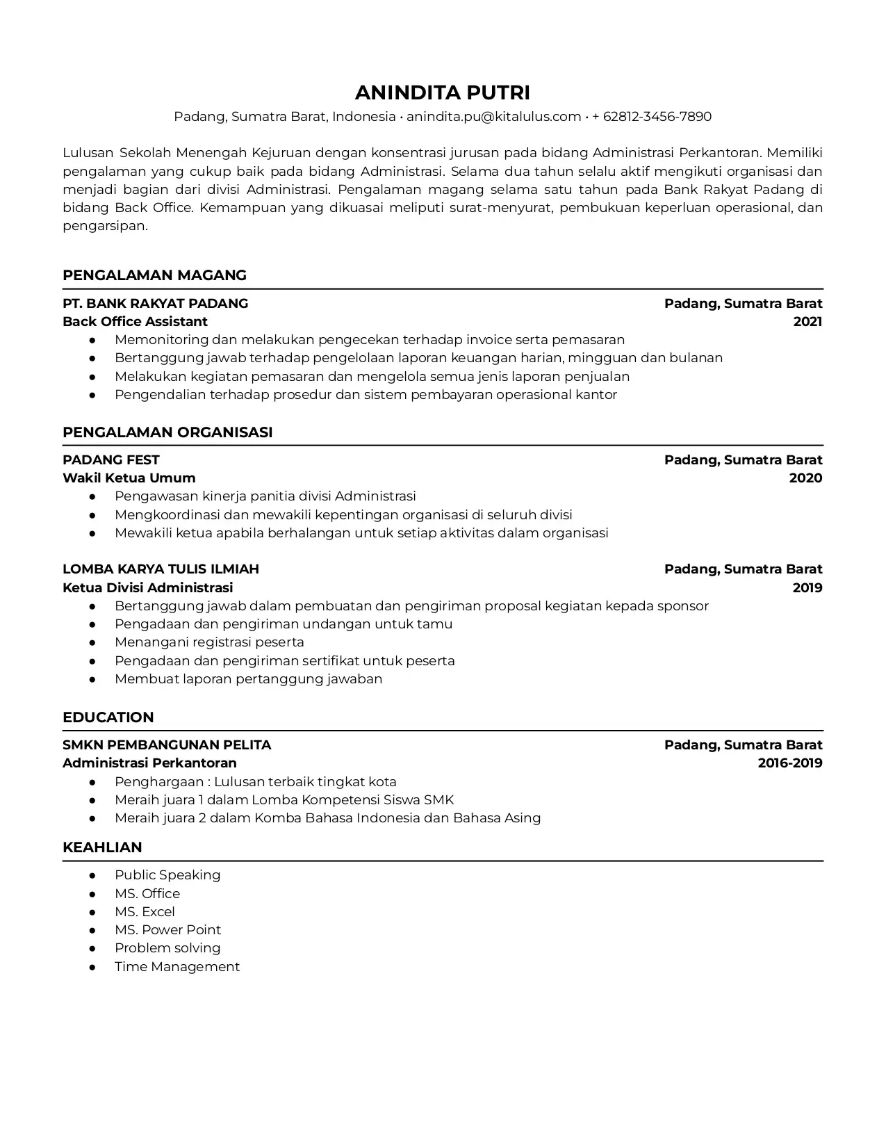 Contoh CV Magang Bahasa Indonesia