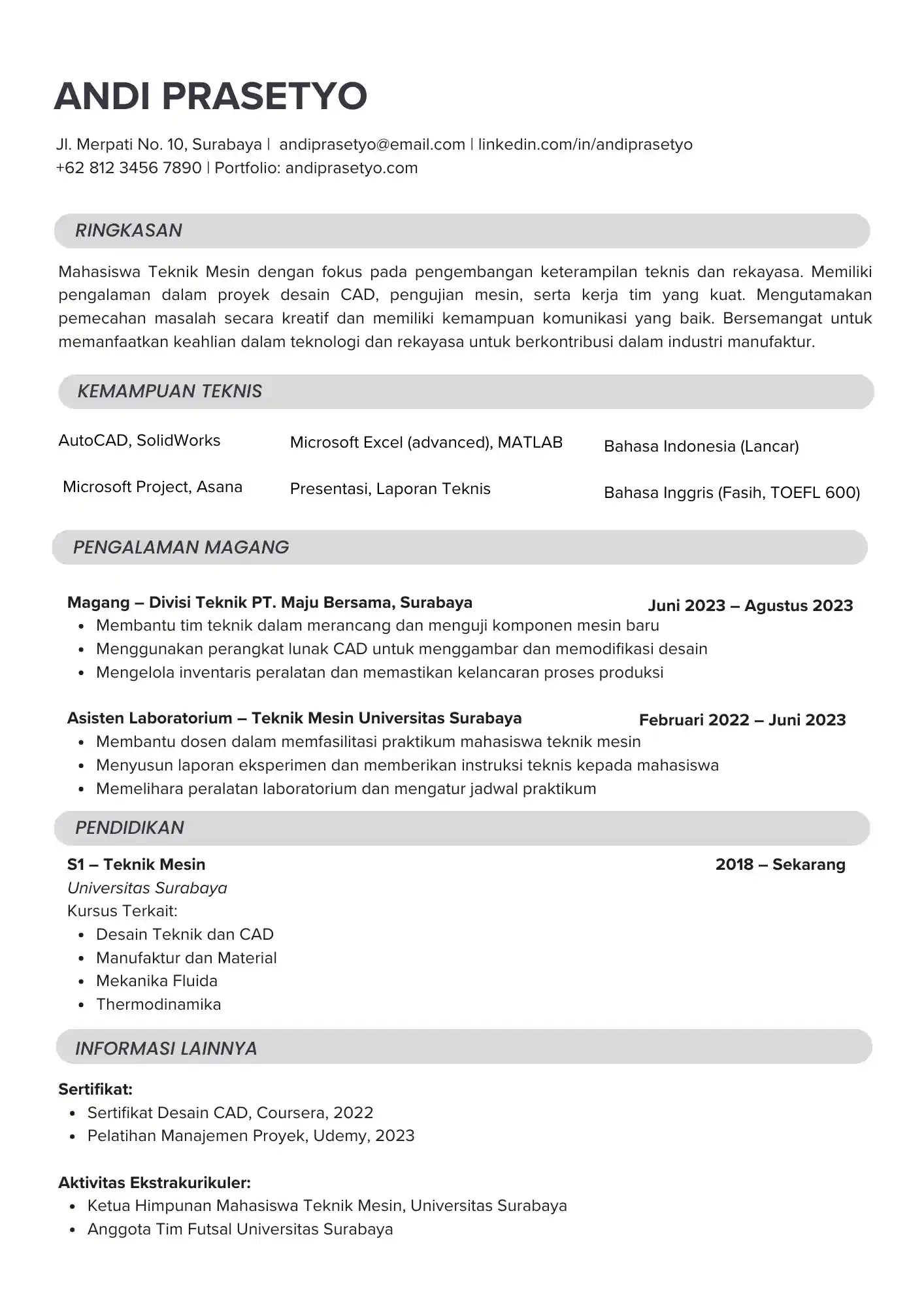 Contoh CV Mahasiswa Magang