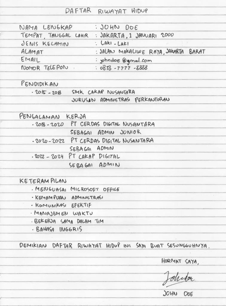 Contoh CV Tulis Tangan