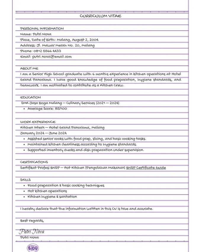 Contoh CV Tulis Tangan Bahasa Inggris