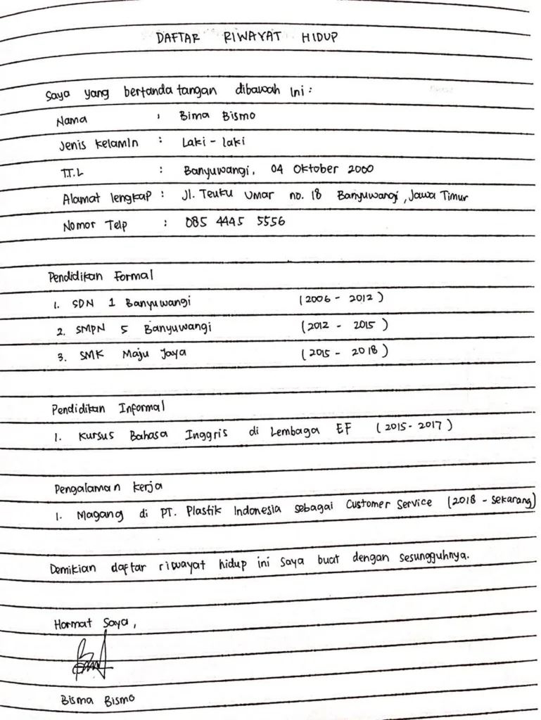 Contoh CV Tulis Tangan Lulusan SMK