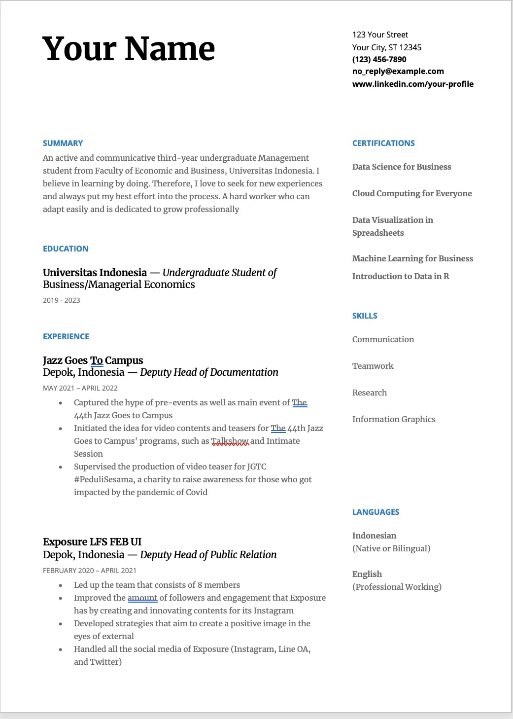 Contoh CV untuk Magang Kampus Merdeka