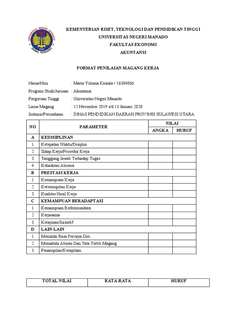 Contoh Form Penilaian Magang