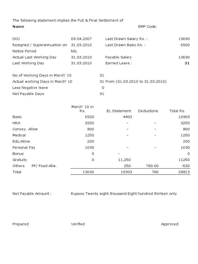 Contoh Format Full and Final Settlement