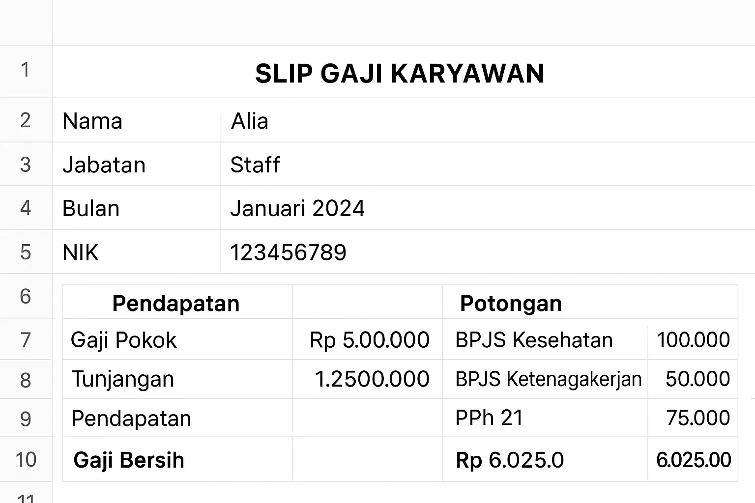 Contoh Slip Gaji Excel