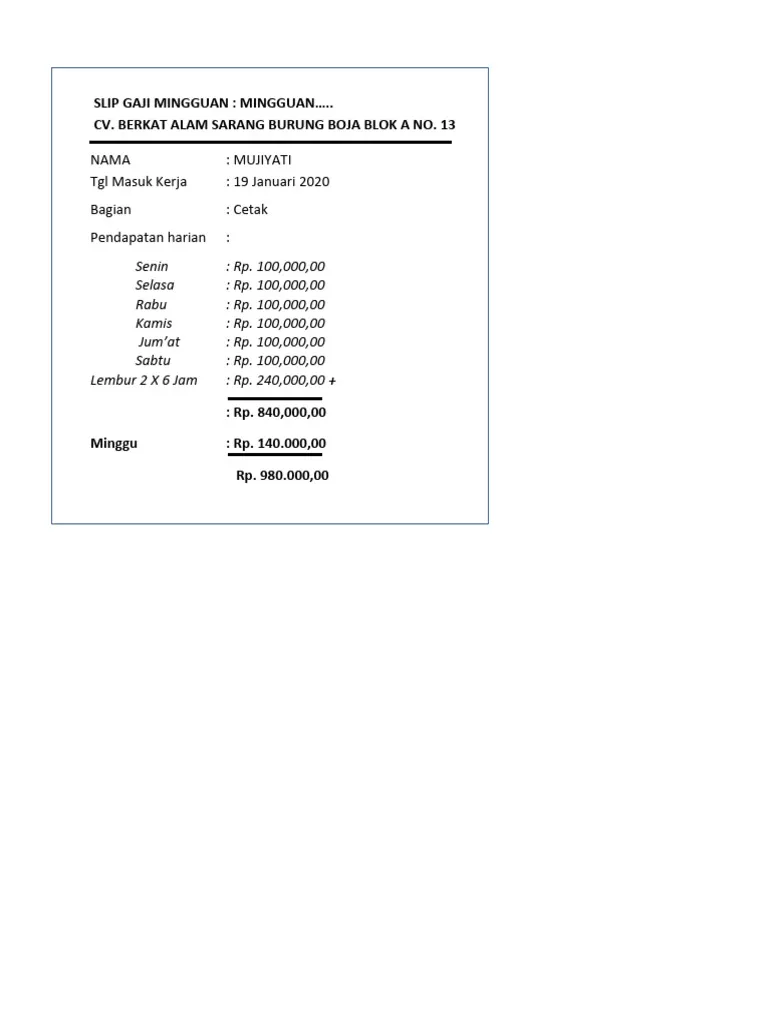 Contoh Slip Gaji Mingguan Karyawan