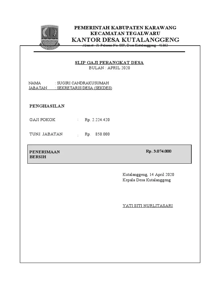 Contoh Slip Gaji Perangkat Desa