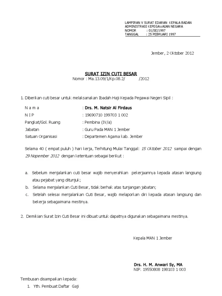 Contoh Surat Cuti Besar