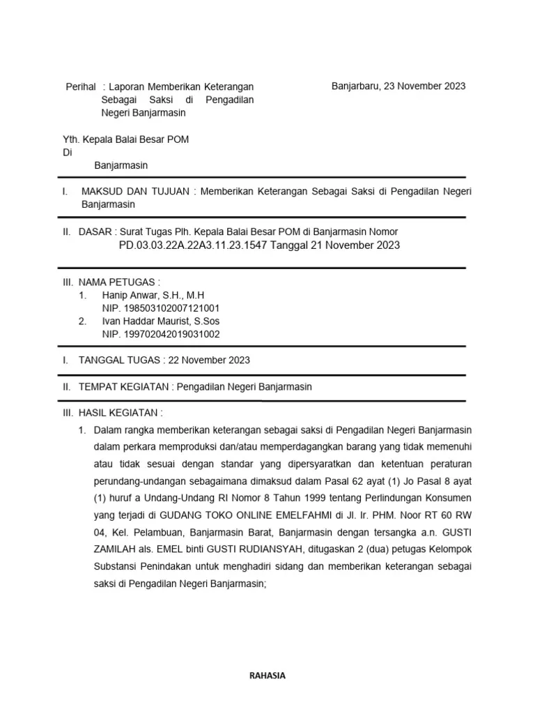 Contoh Surat Dinas Pelaksanaan Sidang