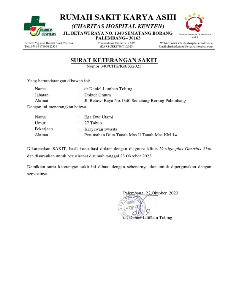 Contoh Surat Kesehatan dari Rumah Sakit