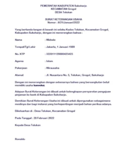 Contoh Surat Keterangan Usaha 