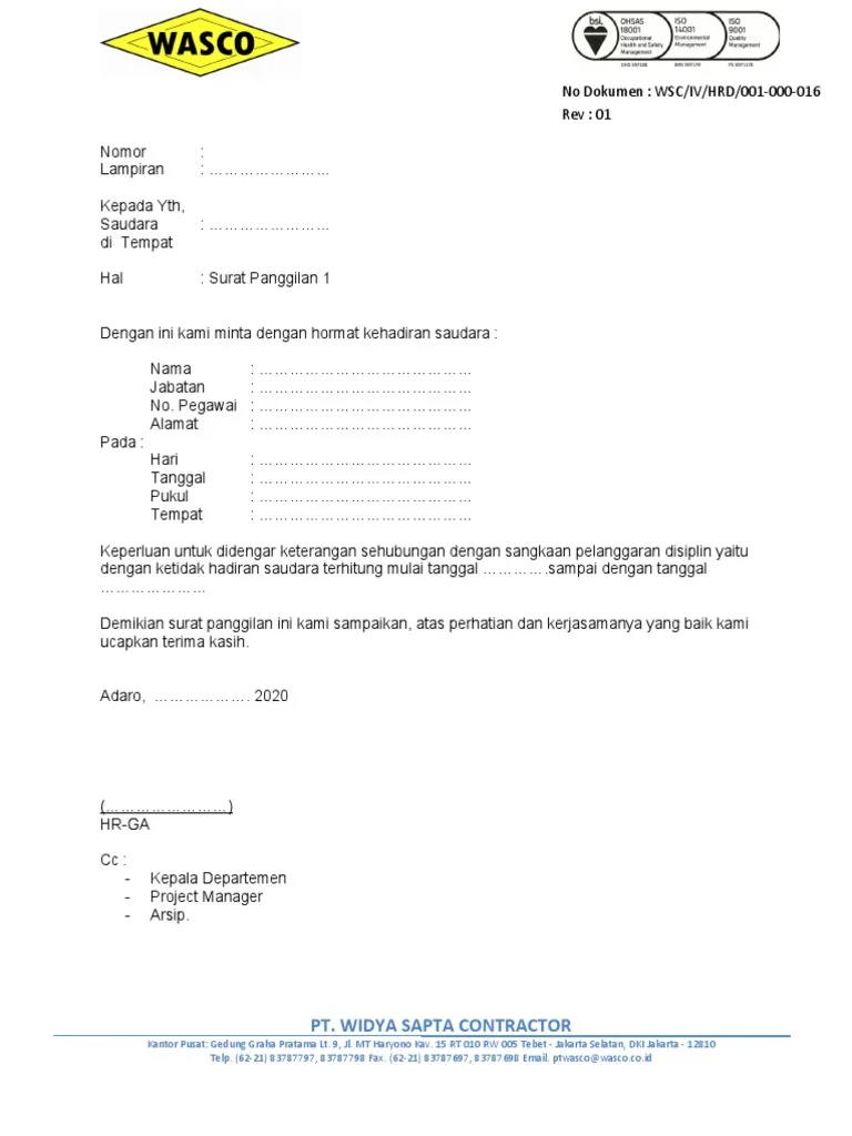Contoh Surat Panggilan Karyawan Mangkir Kerja 