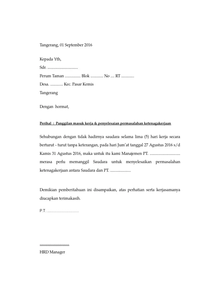 Contoh Surat Panggilan Karyawan Mangkir Kerja