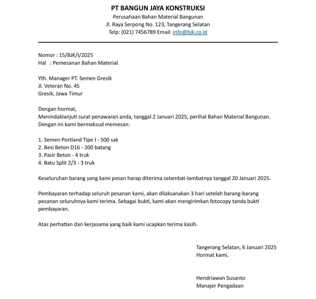 Contoh Surat Penawaran Bahan Material
