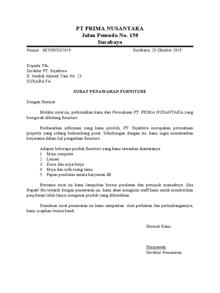 Contoh Surat Penawaran Barang Furniture