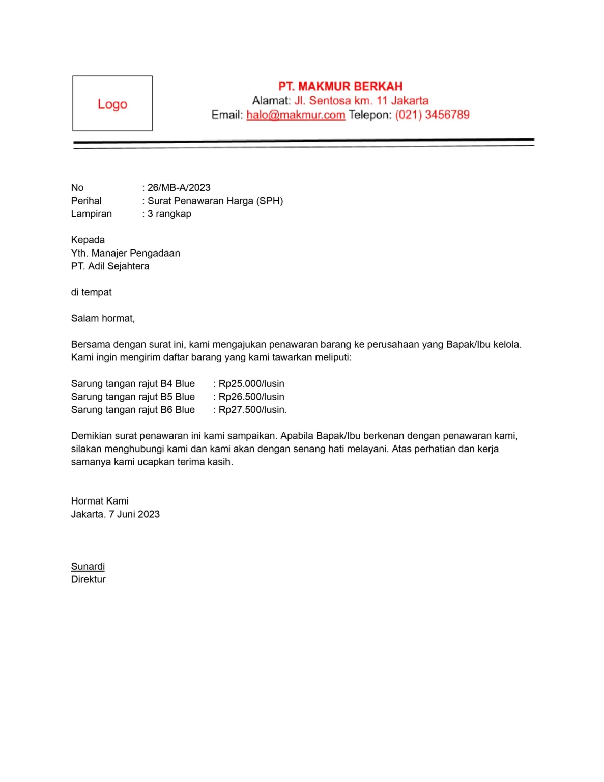 Contoh Surat Penawaran Barang