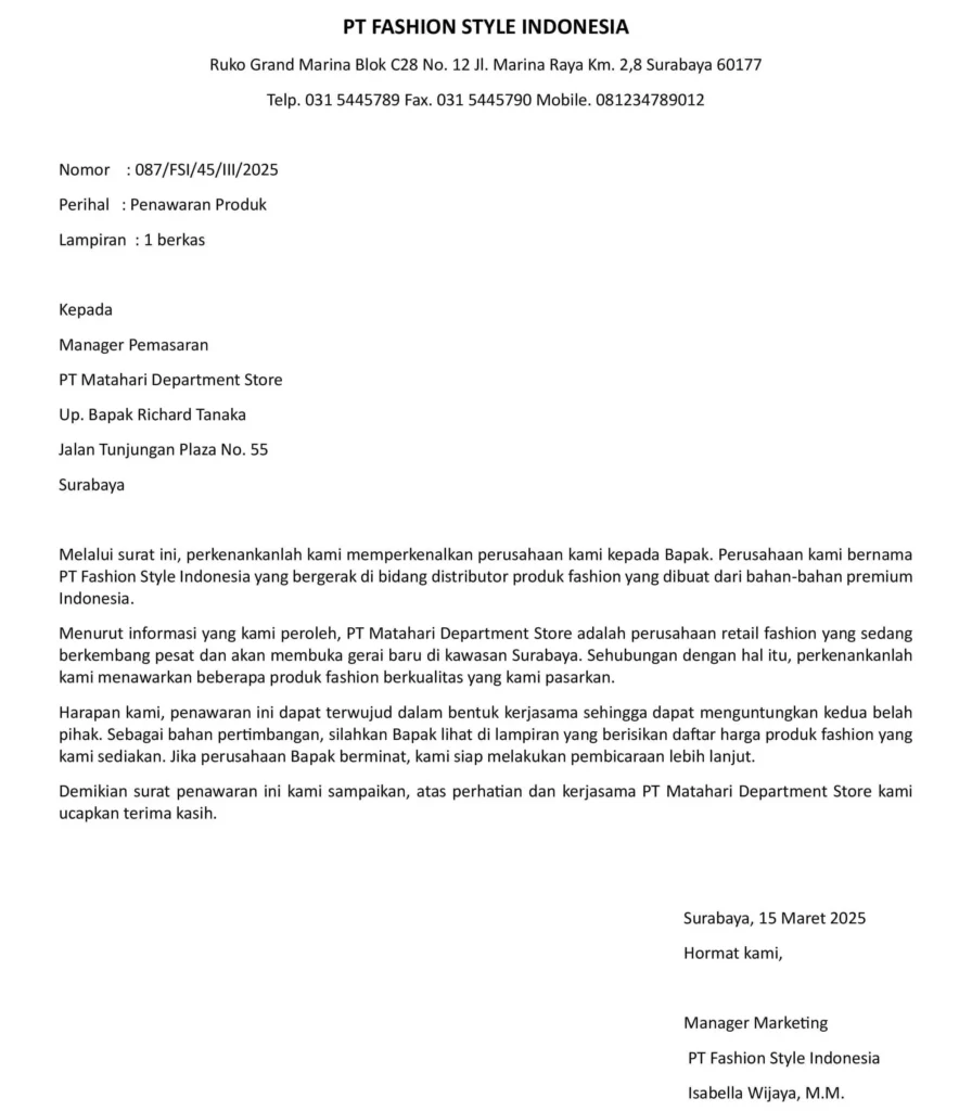 Contoh Surat Penawaran Produk Fashion