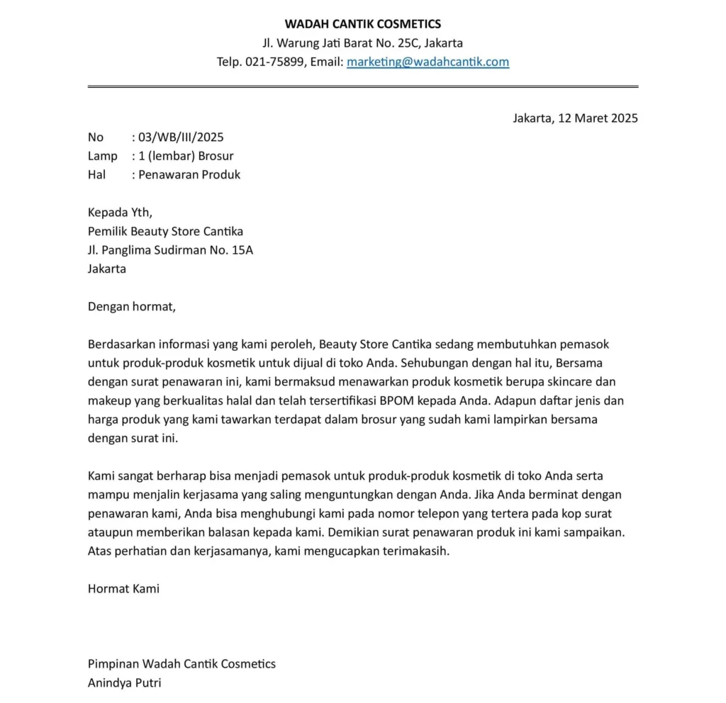 Contoh Surat Penawaran Produk Kosmetik