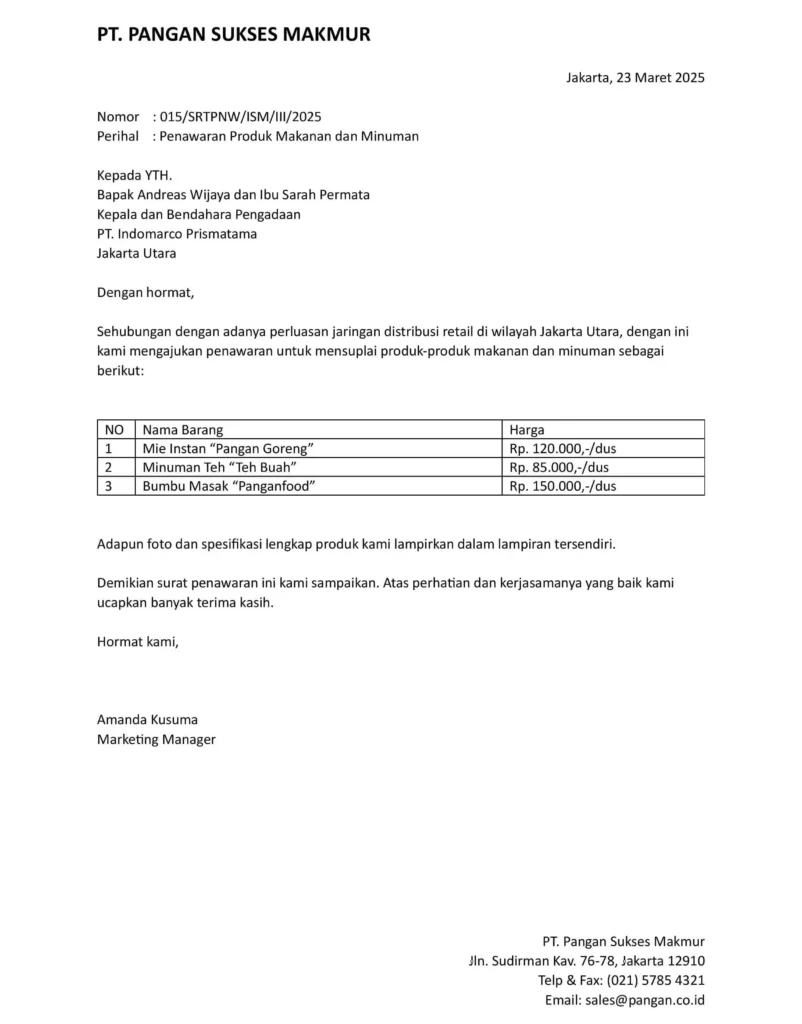 Contoh Surat Penawaran Produk Makanan dan Minuman