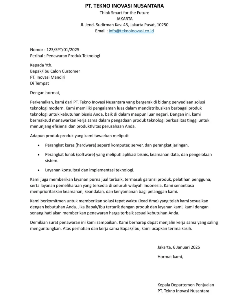 Contoh Surat Penawaran Produk Teknologi