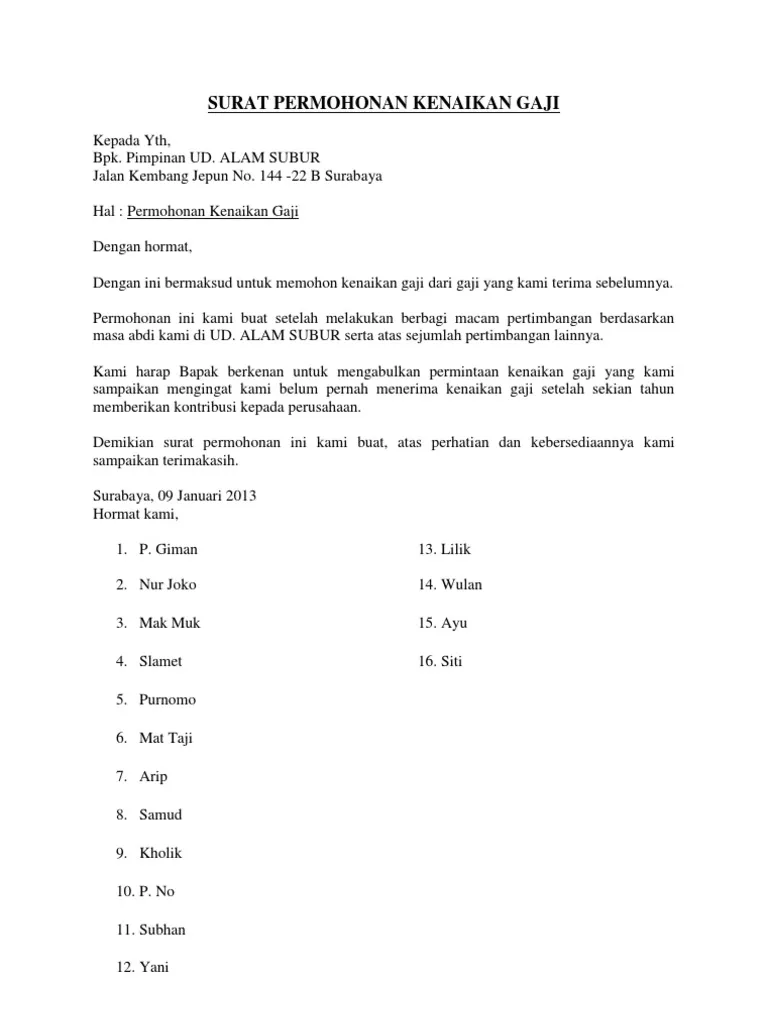 Contoh Surat Pengajuan Kenaikan Gaji Karyawan Singkat