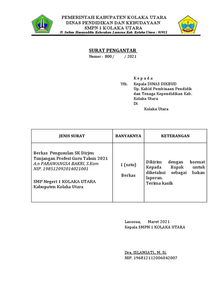 Contoh Surat Pengantar Dokumen atau Berkas