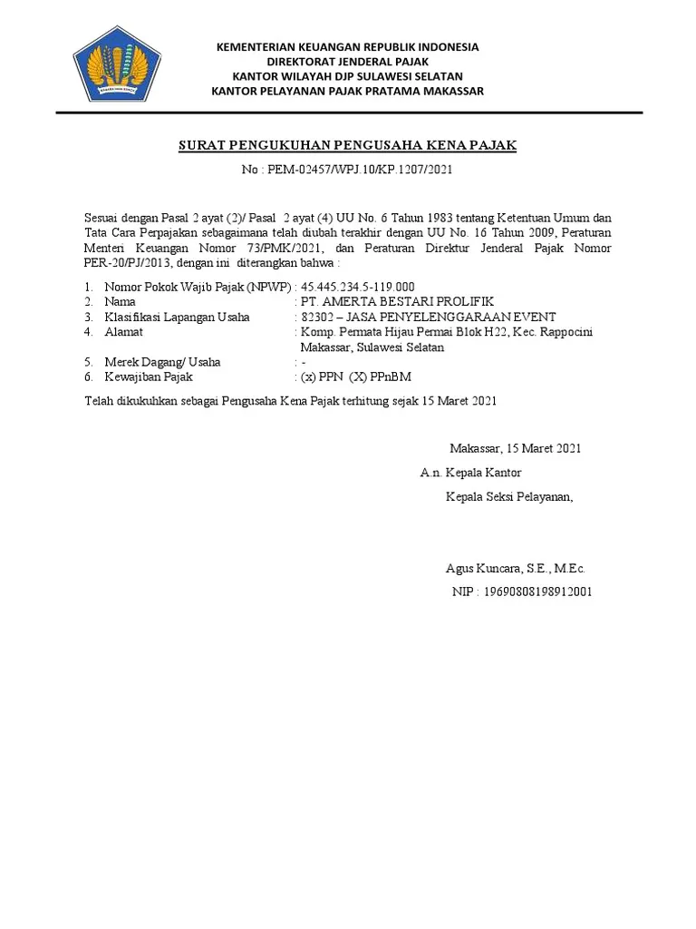 Contoh Surat Pengukuhan Pengusaha Kena Pajak