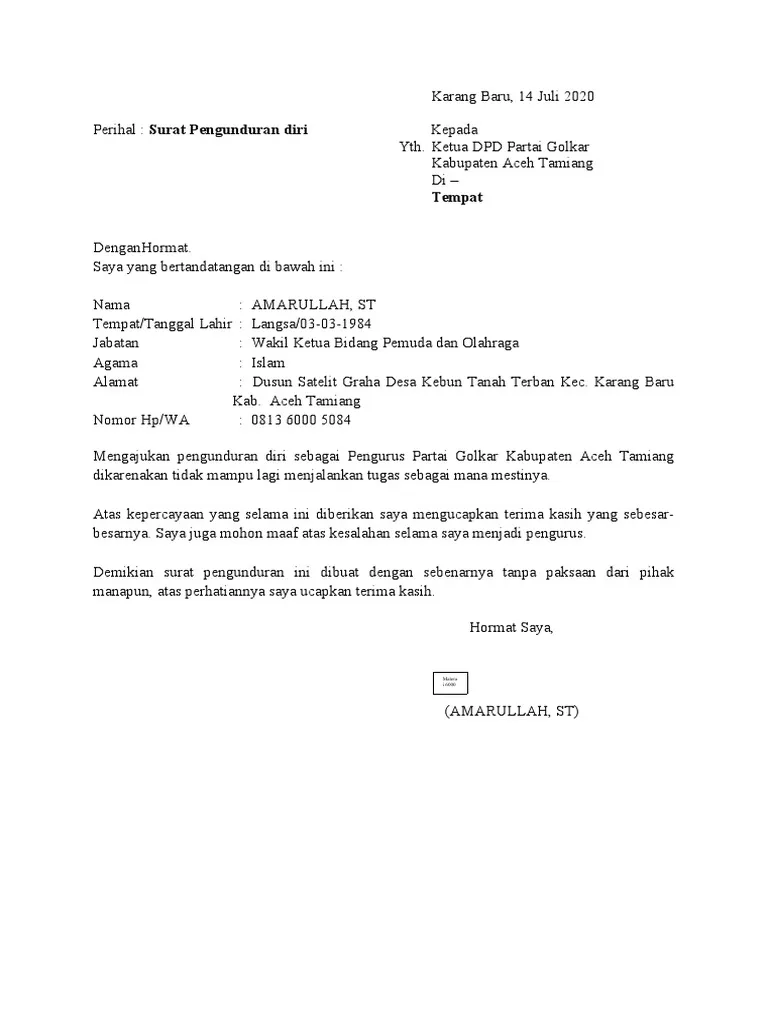 Contoh Surat Pengunduran Anggota Partai