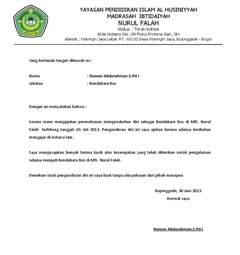 Contoh Surat Pengunduran Diri Guru