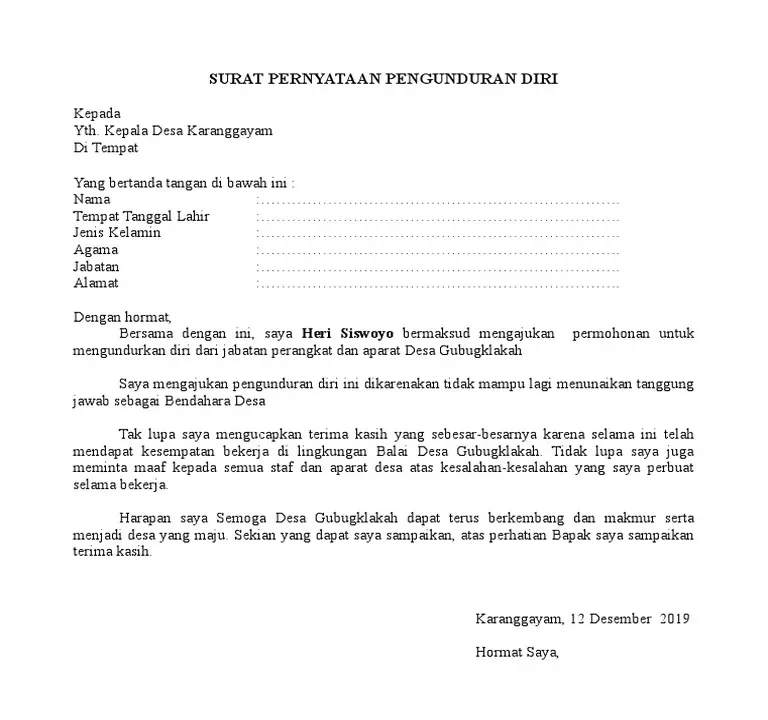 Contoh Surat Pengunduran Diri Perangkat Desa