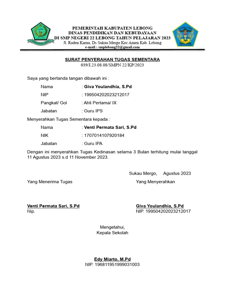 Contoh Surat Penyerahan Tugas