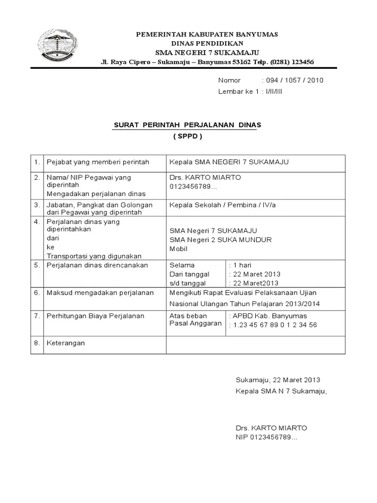 Contoh Surat Perjalanan Dinas