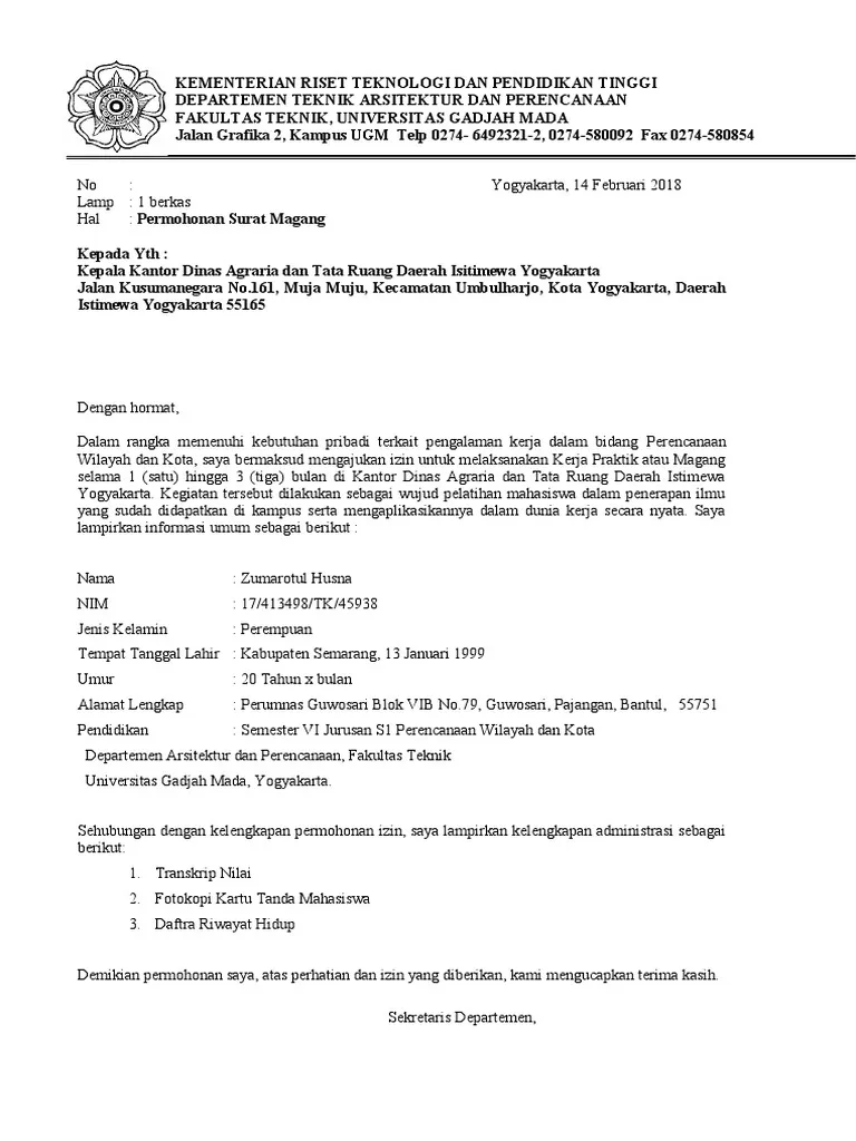 Contoh Surat Permohonan Magang Mahasiswa