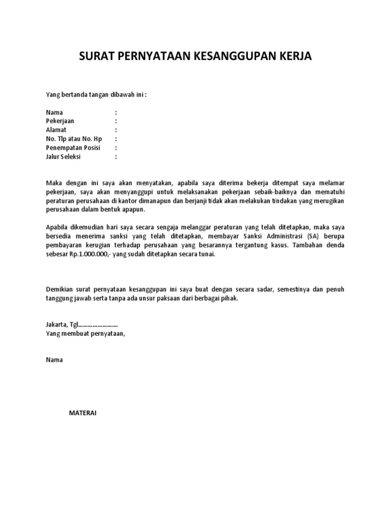 Contoh Surat Pernyataan Kesanggupan Kerja