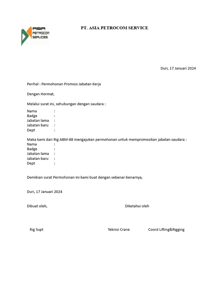 Contoh Surat Promosi Jabatan