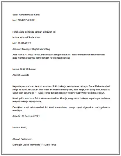 Contoh surat rekomendasi kerja