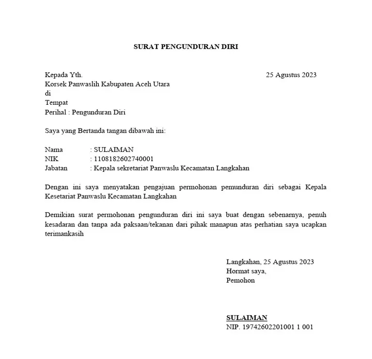 Contoh Surat Resign Karyawan Pabrik