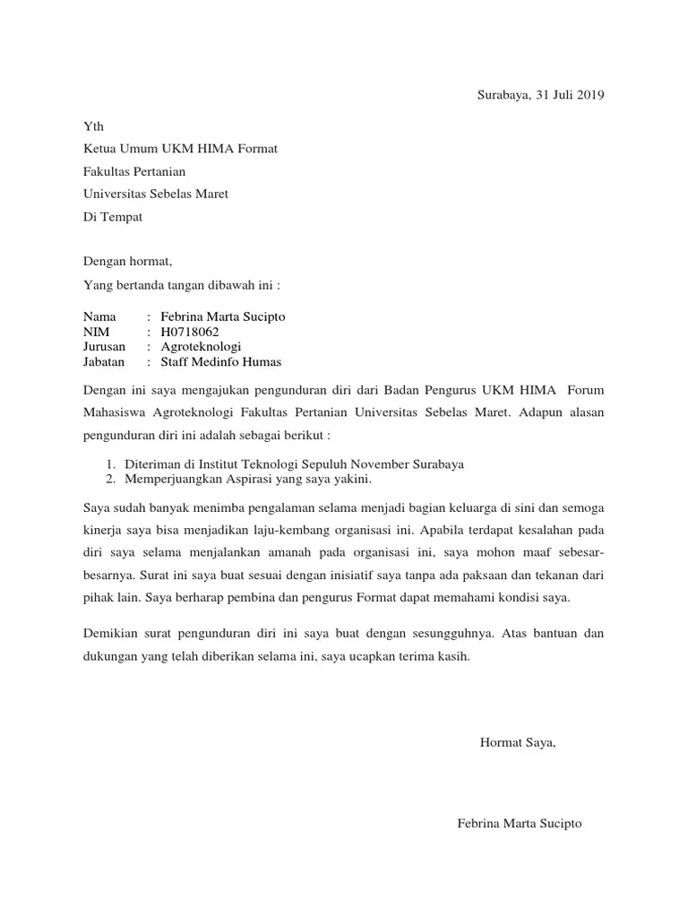 Contoh Surat Resign Organisasi 