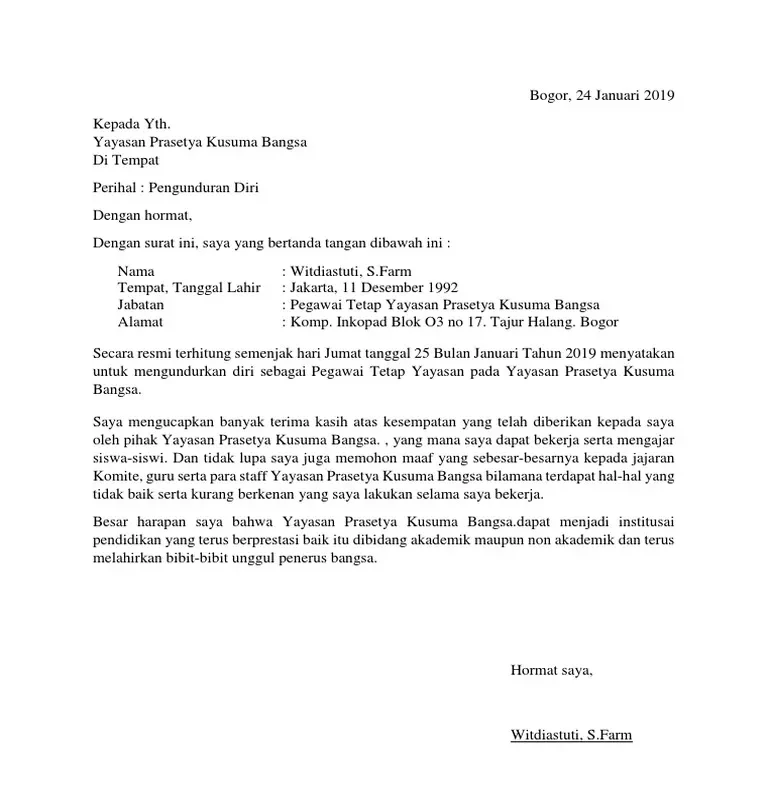 Contoh Surat Resign dari Sekolah